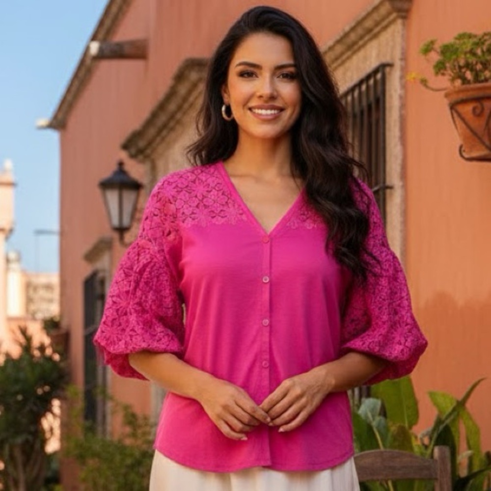 LEO & UGO Paris Pink Lace Sleeve button up  Women's Top 4